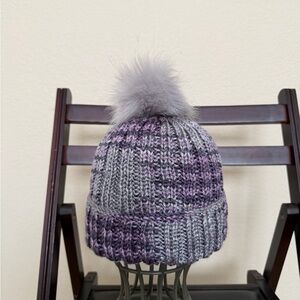Stylish Gray and Purple Knit Pom-Pom Beanie